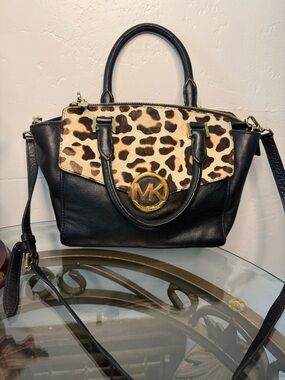 Michael Kors Black Leather/ Calf hair Satchel with Leopard-Print Flap